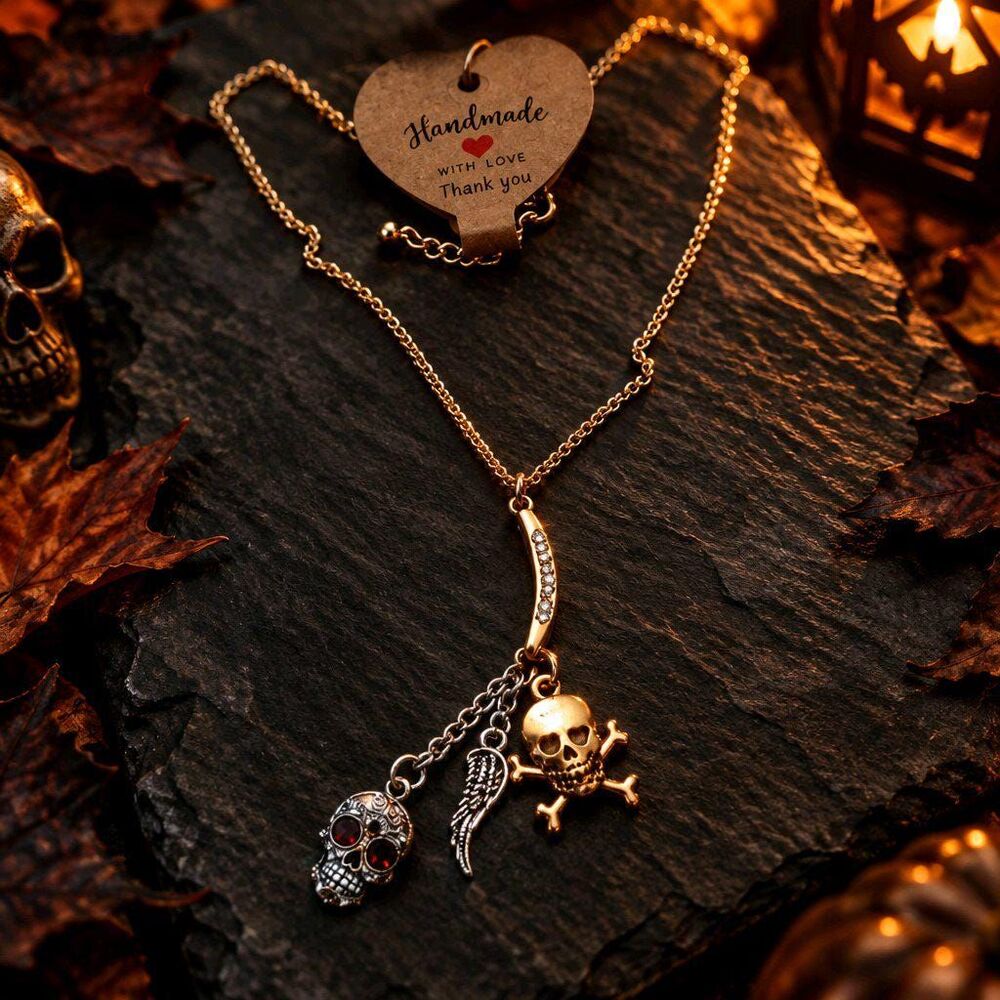 Halloween Handmade Day of the Dead Skulls & Wing Dangle Charms Chain Necklace